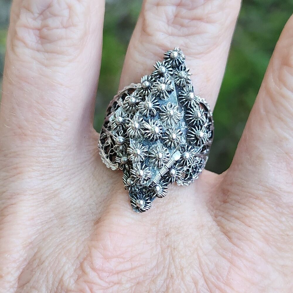 Vintage Etruscan Poison Ring filigree sz 8 800 Silver Gothic whimsigoth Fairy - Picture 3 of 12